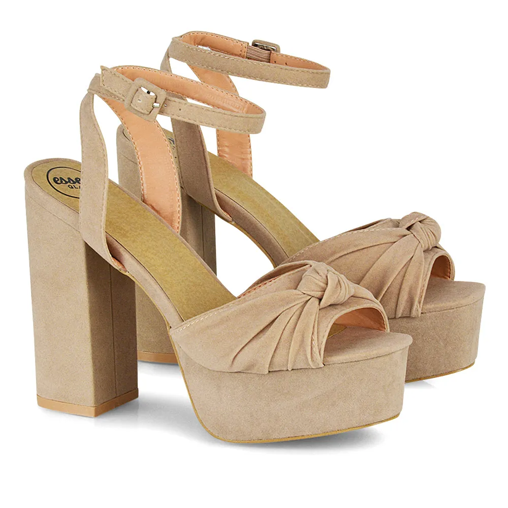 Lillian Peep Toe Strappy Chunky Sole High Platform Block Heels in Nude Faux Suede
