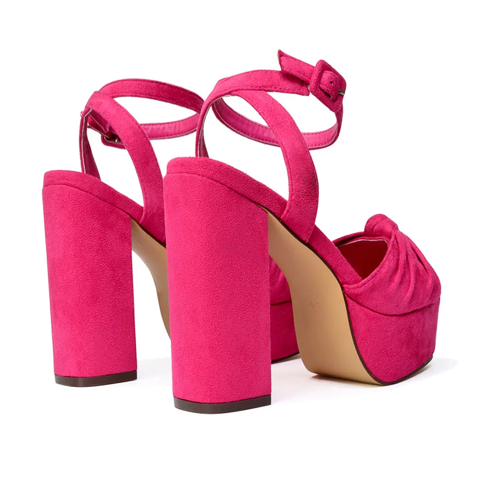 Lillian Peep Toe Strappy Chunky Sole High Platform Block Heels in Nude Faux Suede