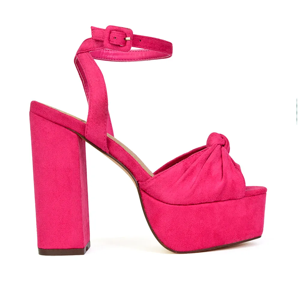 Lillian Peep Toe Strappy Chunky Sole High Platform Block Heels in Nude Faux Suede