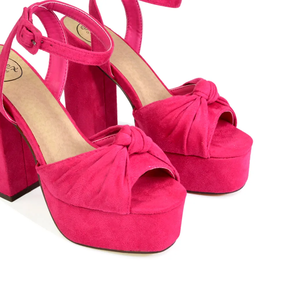 Lillian Peep Toe Strappy Chunky Sole High Platform Block Heels in Nude Faux Suede