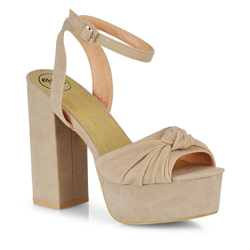 Lillian Peep Toe Strappy Chunky Sole High Platform Block Heels in White PU