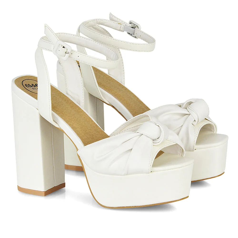 Lillian Peep Toe Strappy Chunky Sole High Platform Block Heels in White PU