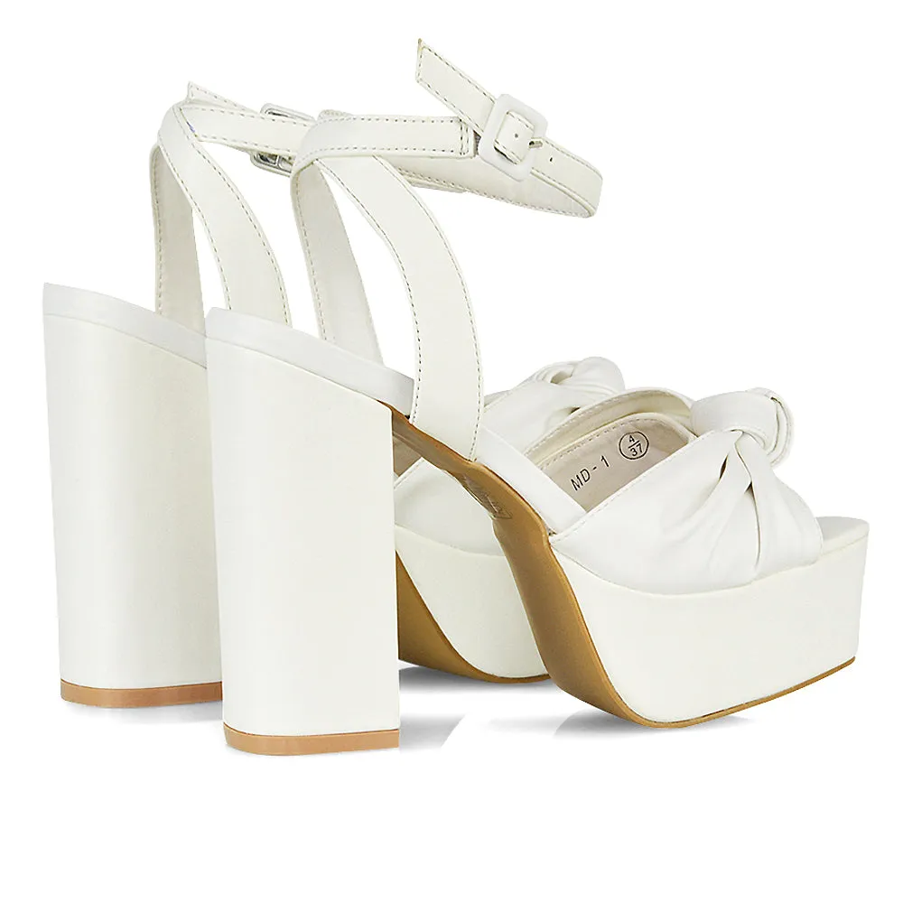 Lillian Peep Toe Strappy Chunky Sole High Platform Block Heels in White PU