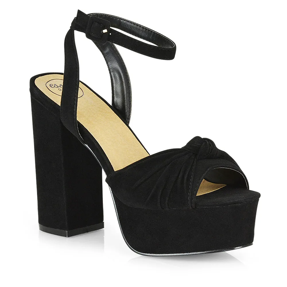 Lillian Peep Toe Strappy Chunky Sole High Platform Block Heels in White PU