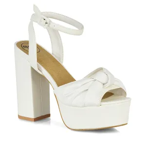 Lillian Peep Toe Strappy Chunky Sole High Platform Block Heels in White PU