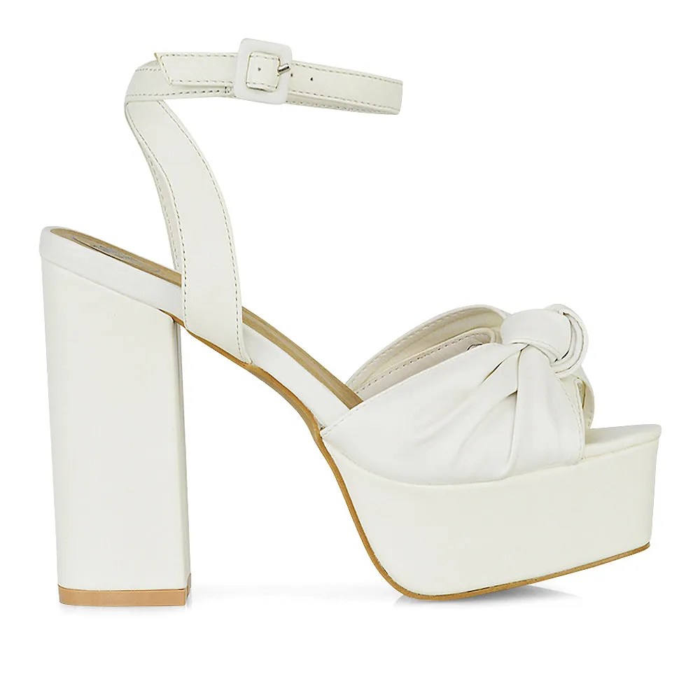 Lillian Peep Toe Strappy Chunky Sole High Platform Block Heels in White PU