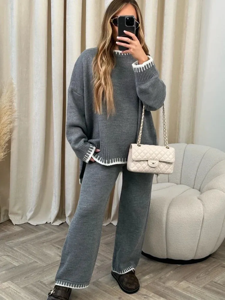 Loungewear Wavy Edge Round Neck Pullover & Wide Leg Pants Co-ord