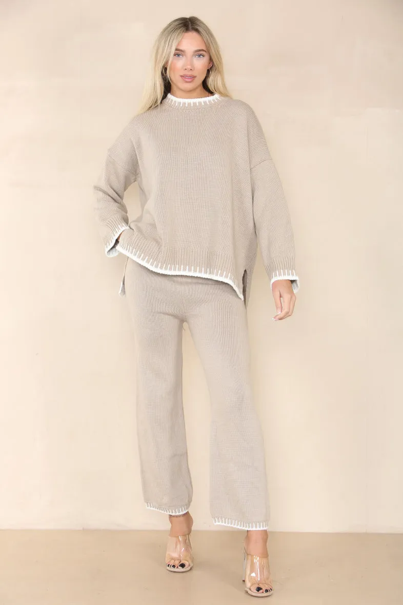 Loungewear Wavy Edge Round Neck Pullover & Wide Leg Pants Co-ord
