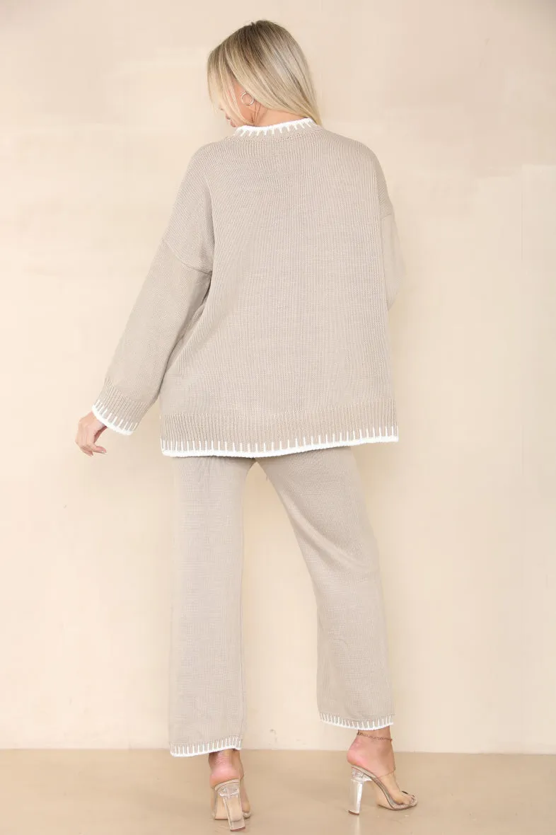 Loungewear Wavy Edge Round Neck Pullover & Wide Leg Pants Co-ord