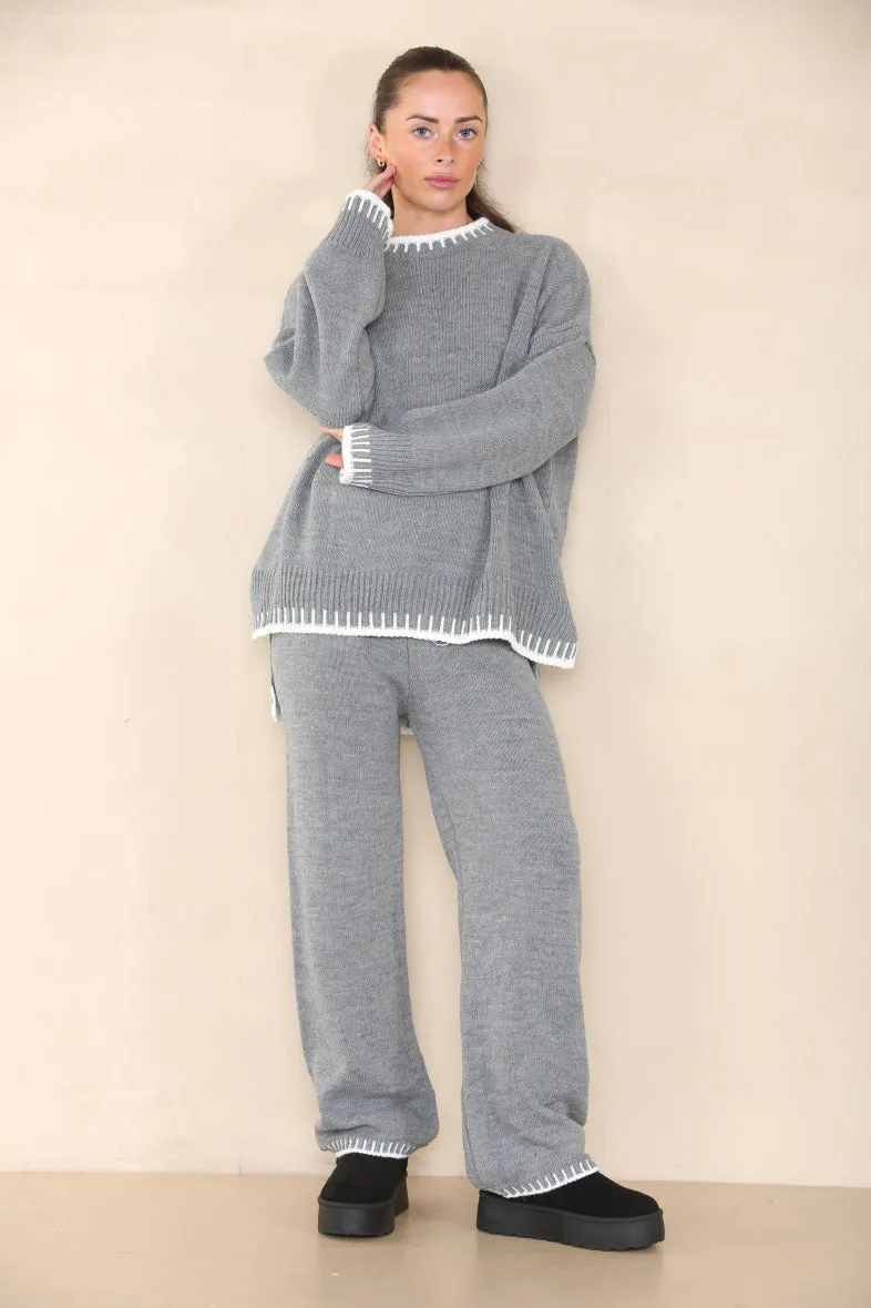 Loungewear Wavy Edge Round Neck Pullover & Wide Leg Pants Co-ord