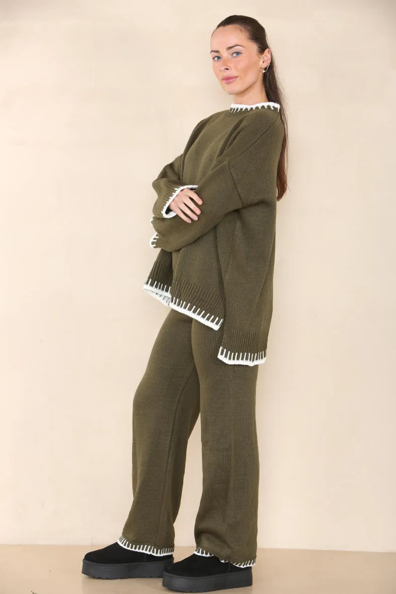 Loungewear Wavy Edge Round Neck Pullover & Wide Leg Pants Co-ord