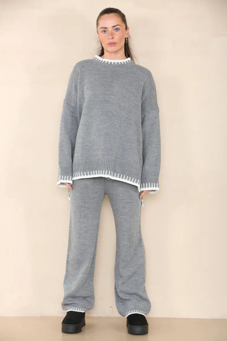 Loungewear Wavy Edge Round Neck Pullover & Wide Leg Pants Co-ord