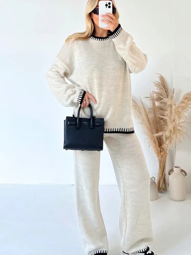 Loungewear Wavy Edge Round Neck Pullover & Wide Leg Pants Co-ord