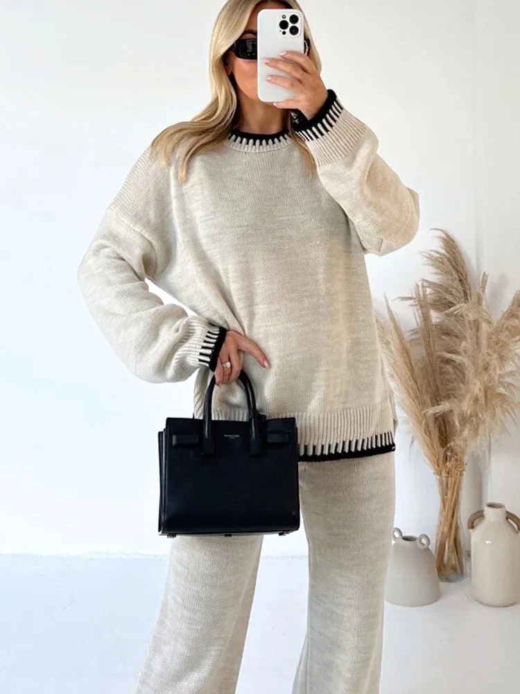Loungewear Wavy Edge Round Neck Pullover & Wide Leg Pants Co-ord