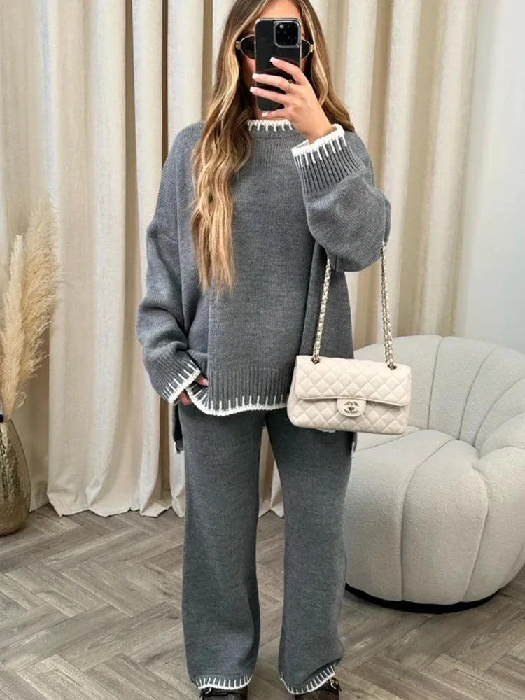 Loungewear Wavy Edge Round Neck Pullover & Wide Leg Pants Co-ord