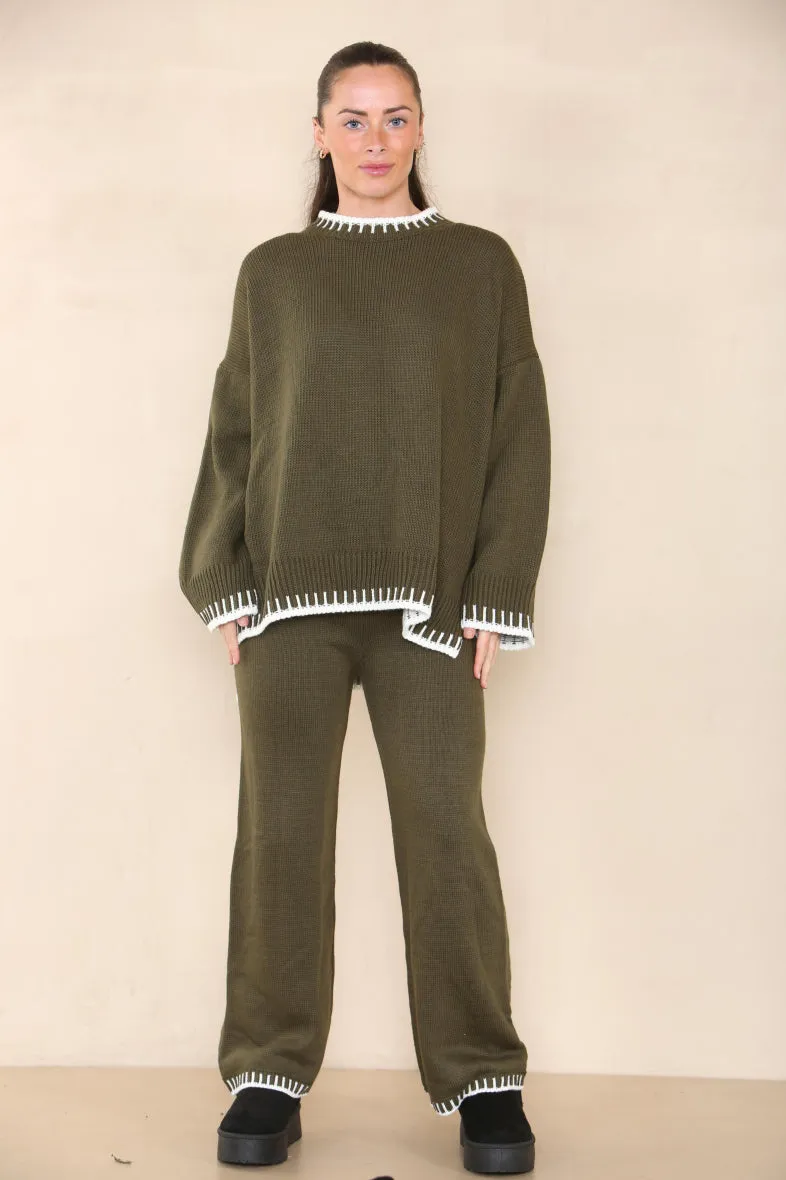 Loungewear Wavy Edge Round Neck Pullover & Wide Leg Pants Co-ord
