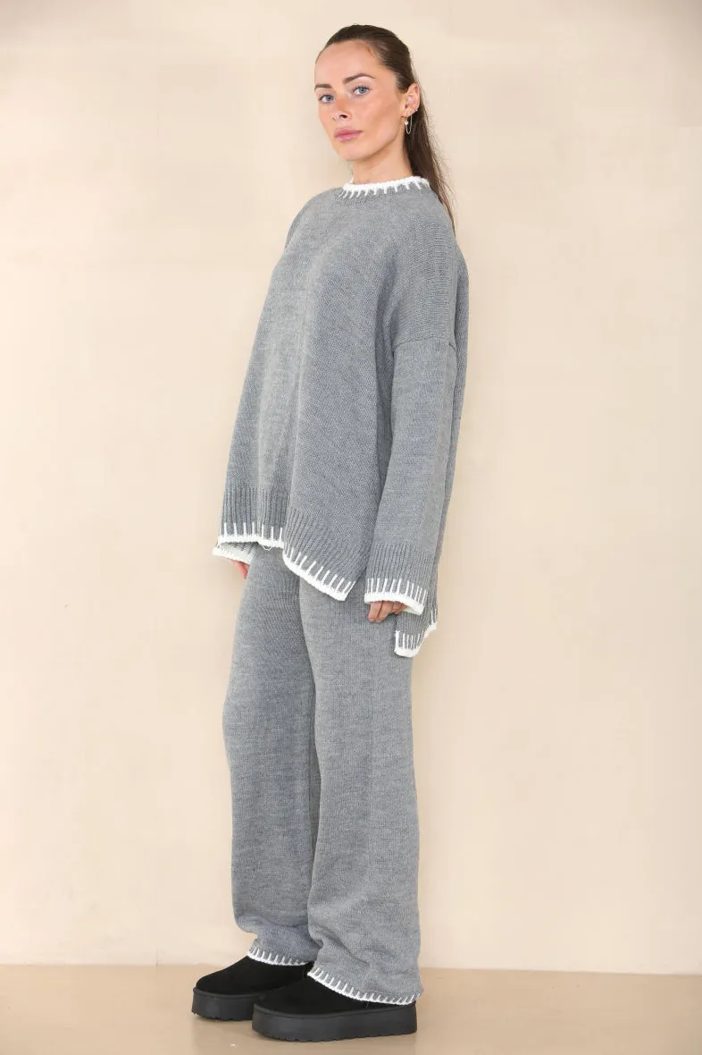Loungewear Wavy Edge Round Neck Pullover & Wide Leg Pants Co-ord