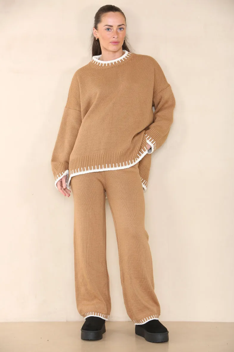 Loungewear Wavy Edge Round Neck Pullover & Wide Leg Pants Co-ord