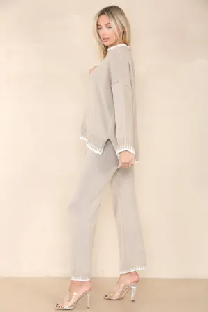 Loungewear Wavy Edge Round Neck Pullover & Wide Leg Pants Co-ord