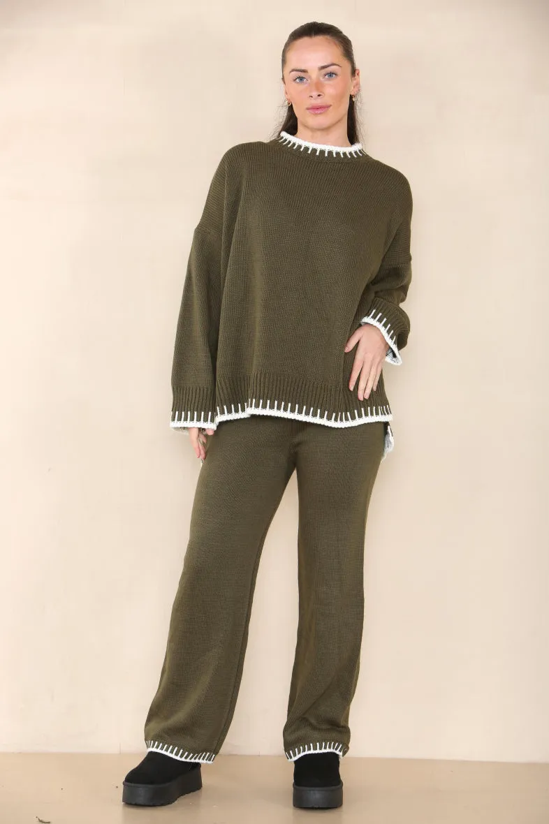 Loungewear Wavy Edge Round Neck Pullover & Wide Leg Pants Co-ord