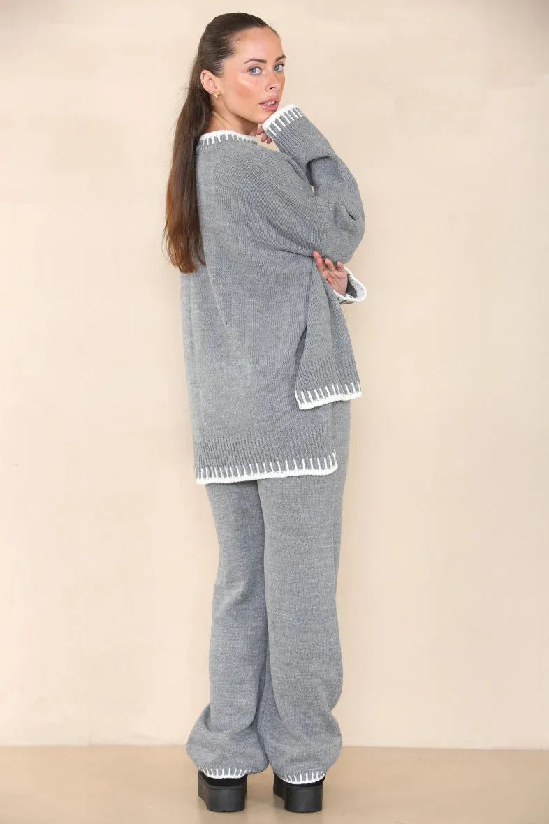 Loungewear Wavy Edge Round Neck Pullover & Wide Leg Pants Co-ord