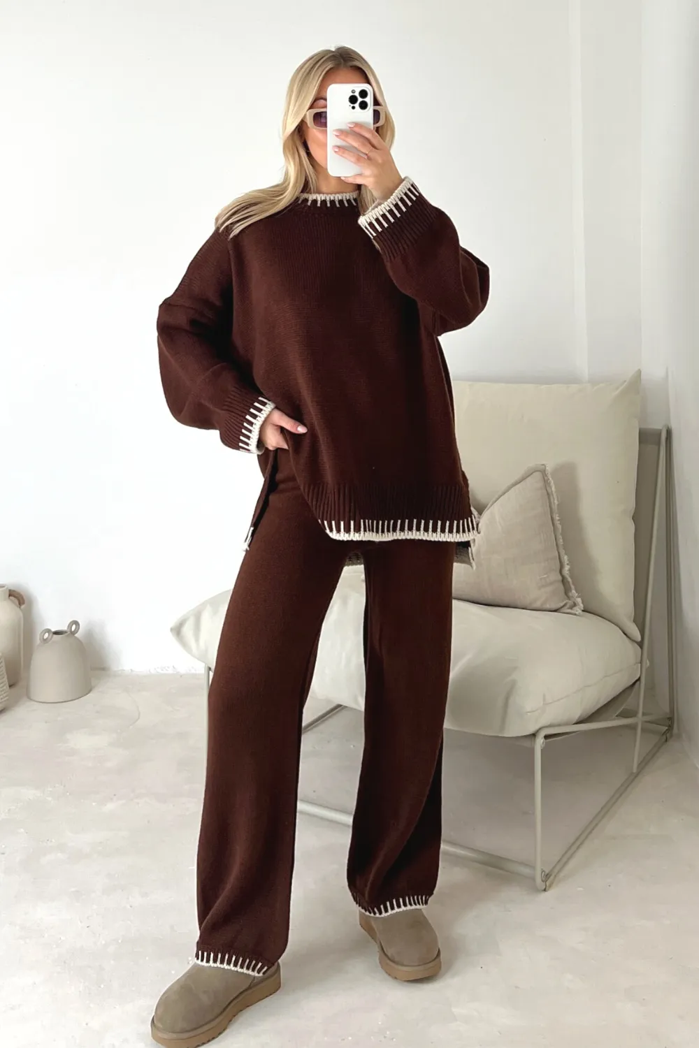 Loungewear Wavy Edge Round Neck Pullover & Wide Leg Pants Co-ord