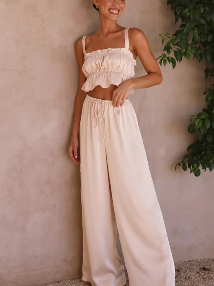 Madonna Satin Wide Leg Matching Sets - Apricot