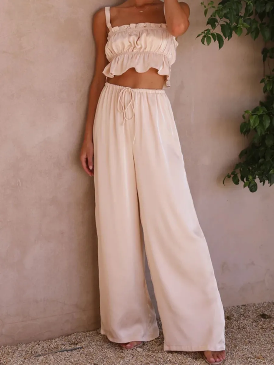Madonna Satin Wide Leg Matching Sets - Apricot