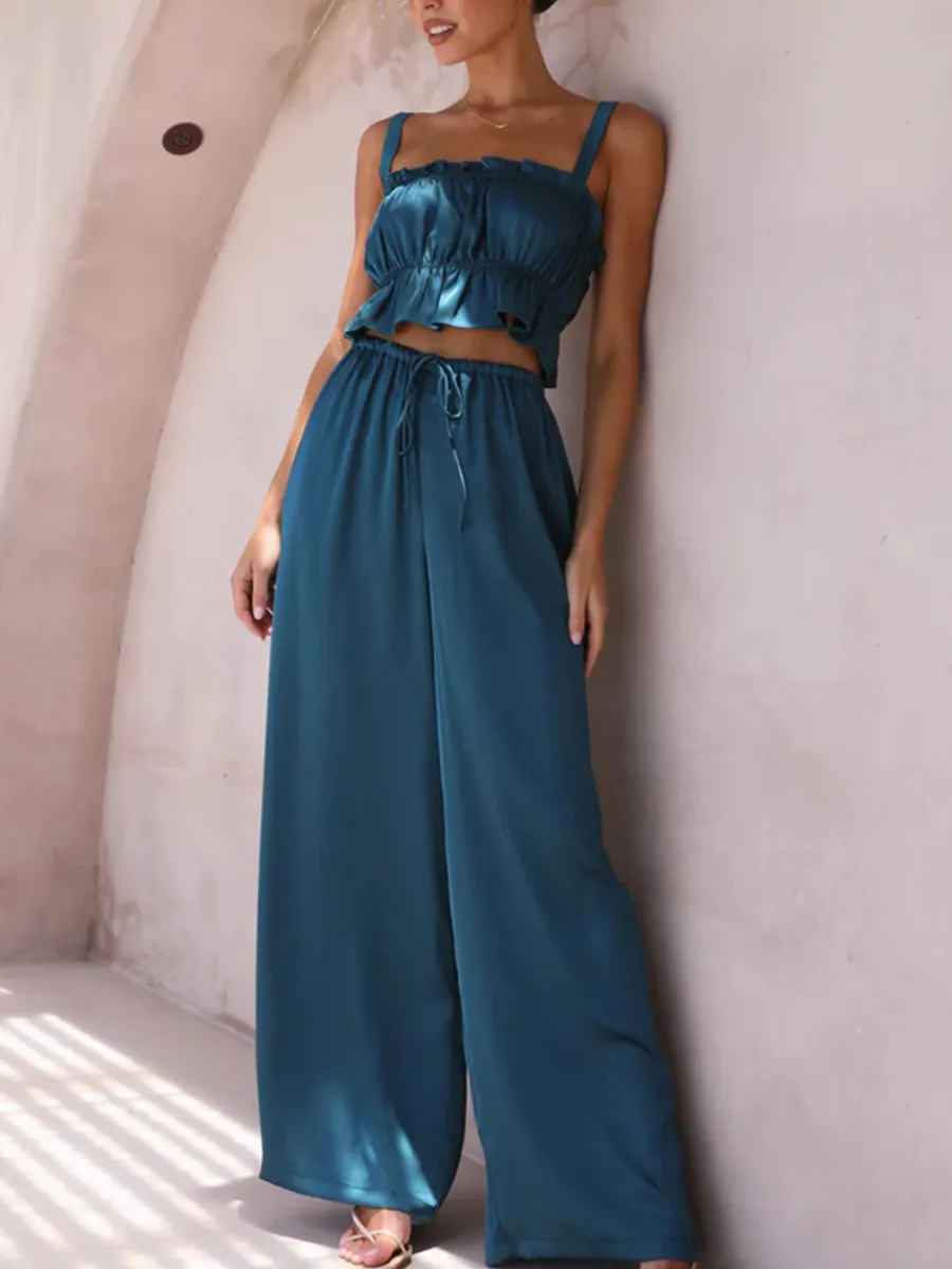 Madonna Satin Wide Leg Matching Sets - Navy