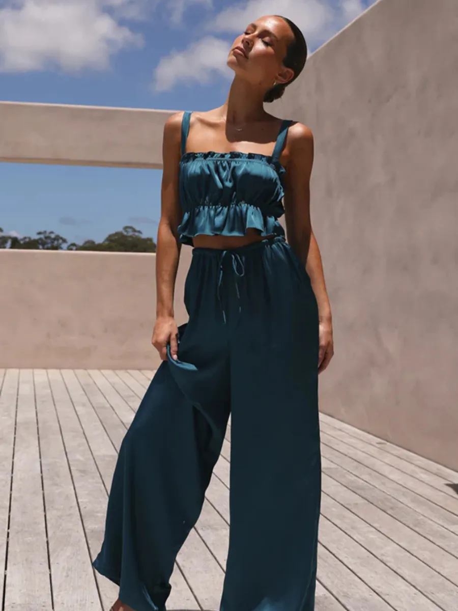Madonna Satin Wide Leg Matching Sets - Navy