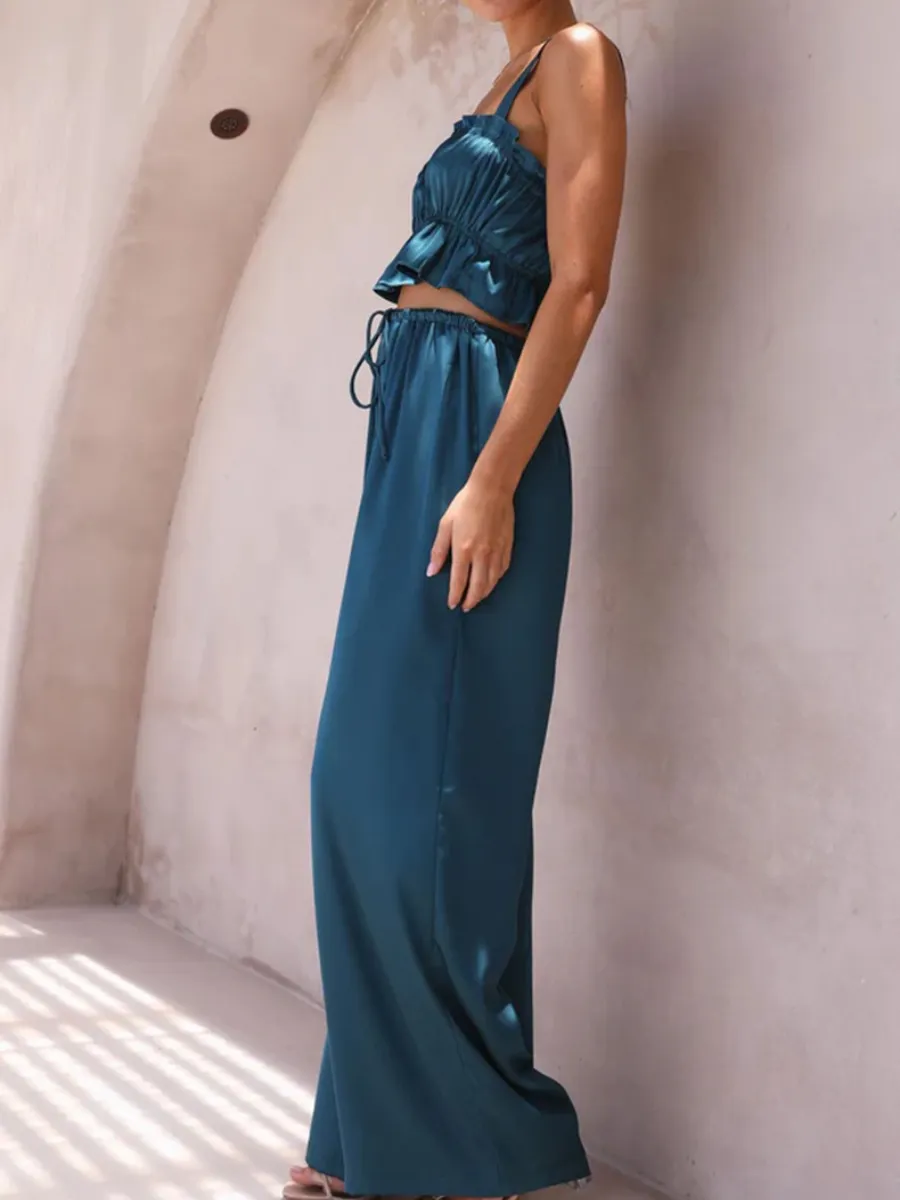 Madonna Satin Wide Leg Matching Sets - Navy