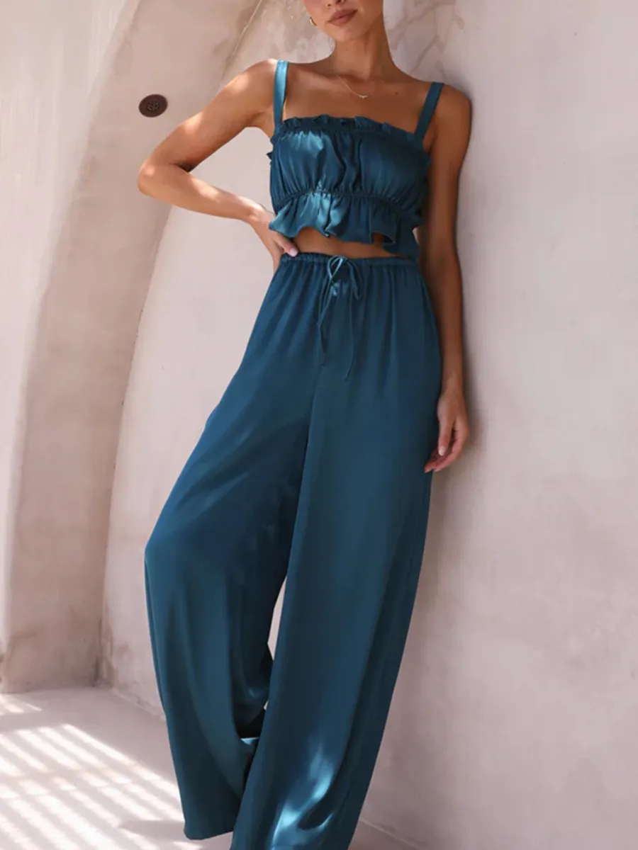 Madonna Satin Wide Leg Matching Sets - Navy