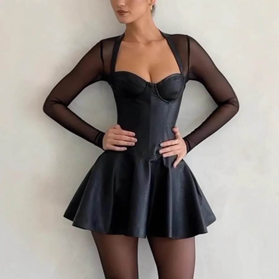 Mesh-Patchwork Long-Sleeved A-Line Dress with Edgy Elegance