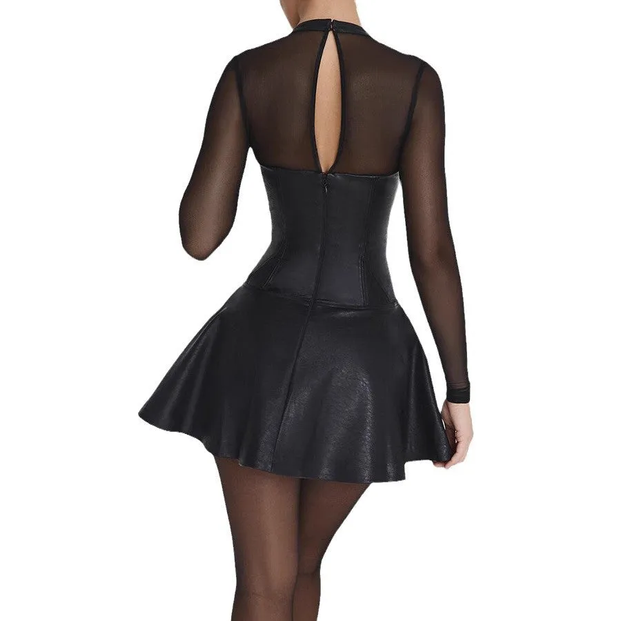 Mesh-Patchwork Long-Sleeved A-Line Dress with Edgy Elegance