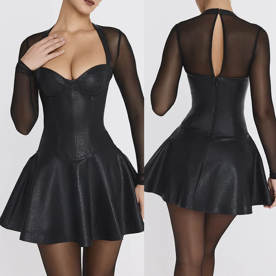 Mesh-Patchwork Long-Sleeved A-Line Dress with Edgy Elegance