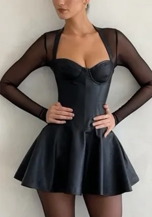 Mesh-Patchwork Long-Sleeved A-Line Dress with Edgy Elegance