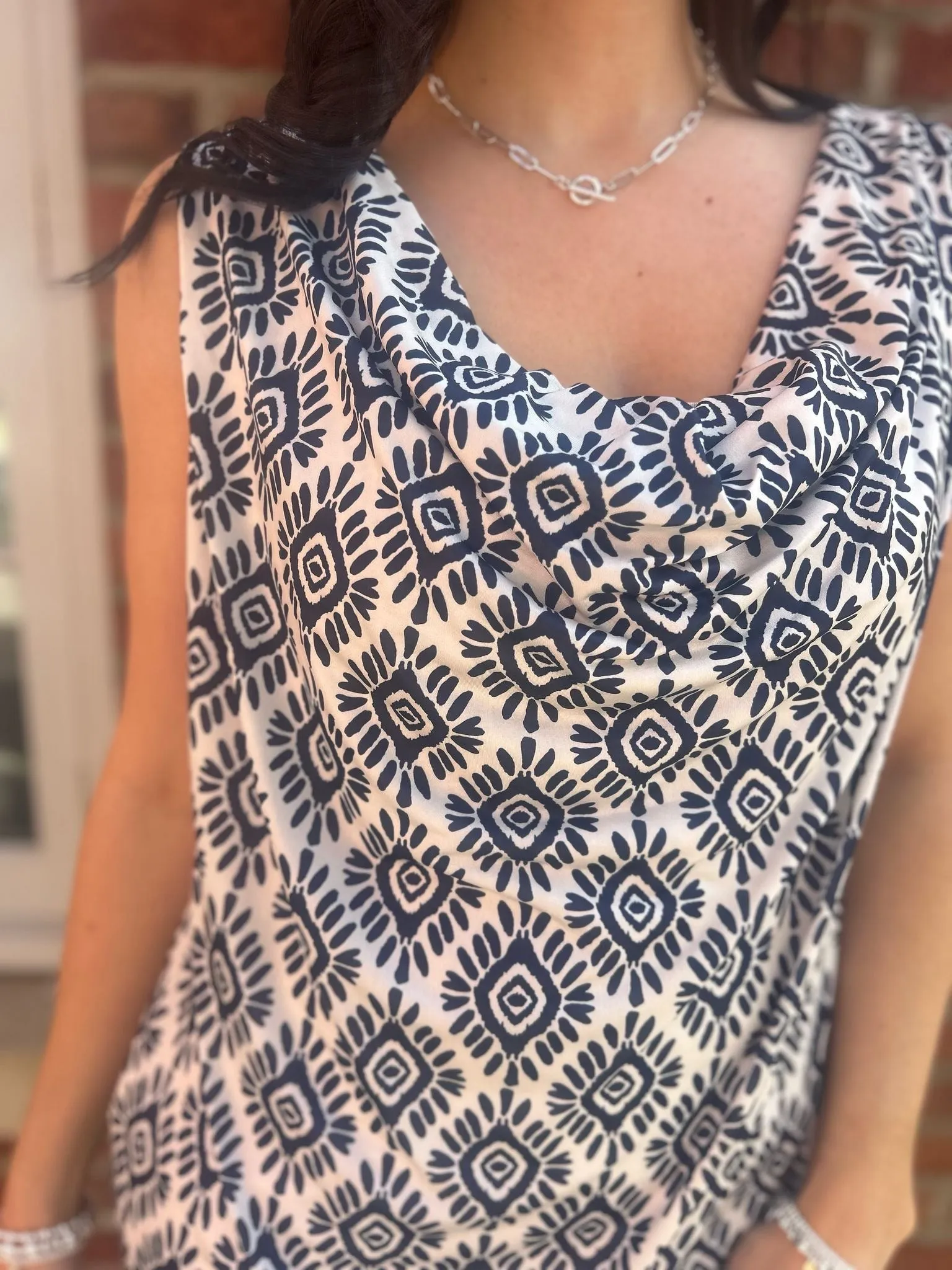 Navy Cowl Neck Printed Top Sonia