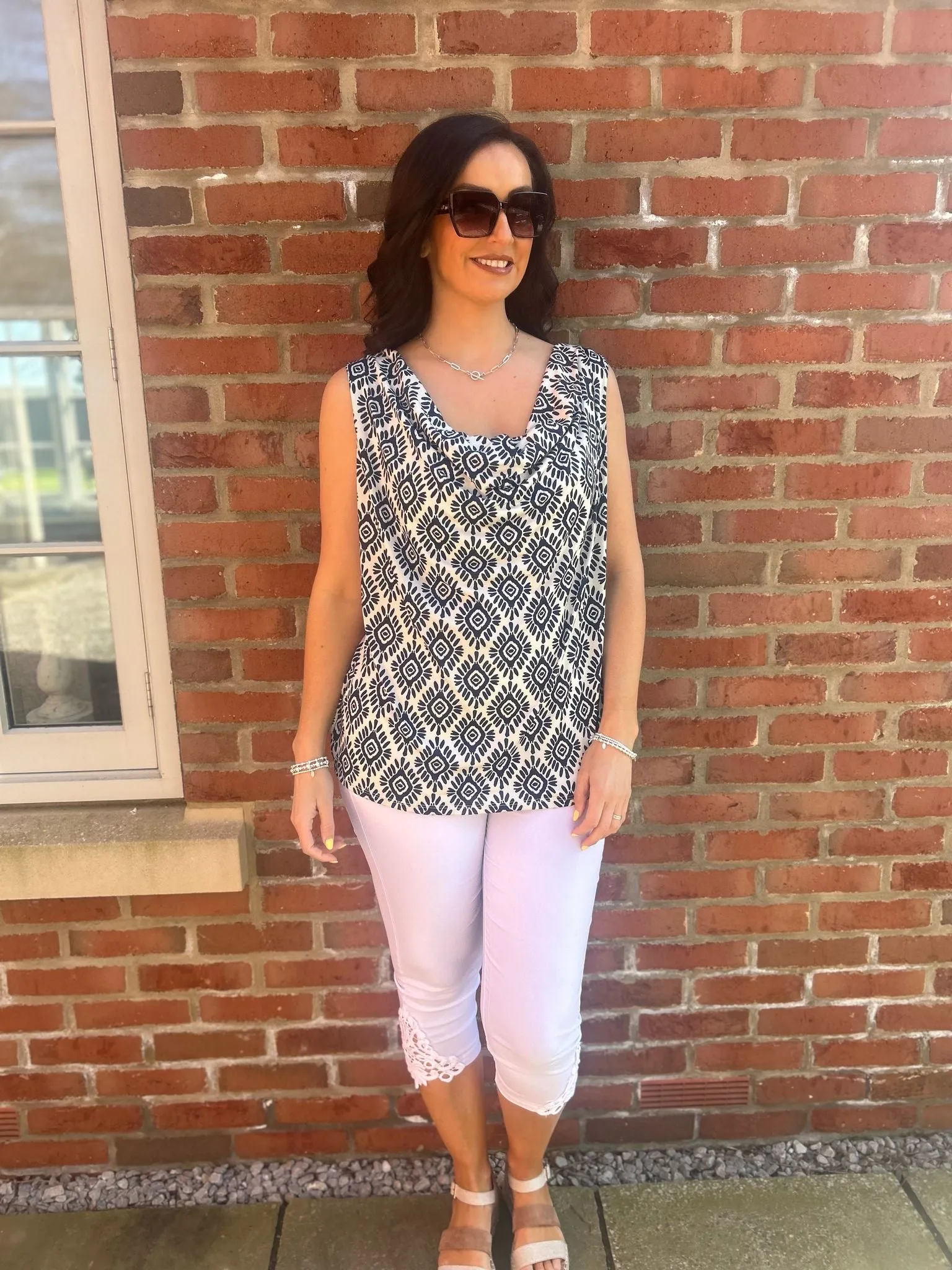 Navy Cowl Neck Printed Top Sonia