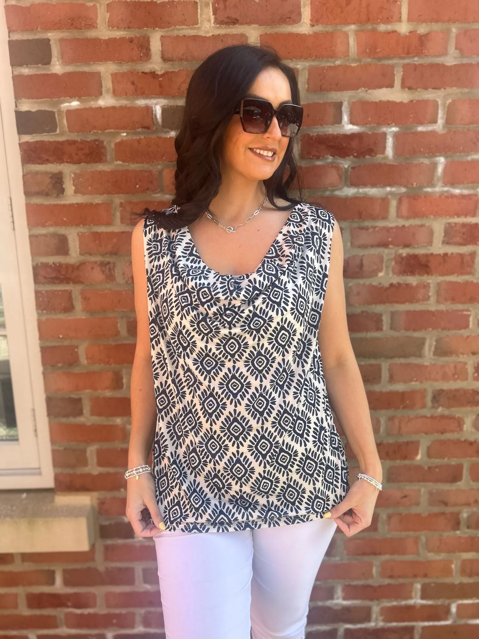 Navy Cowl Neck Printed Top Sonia