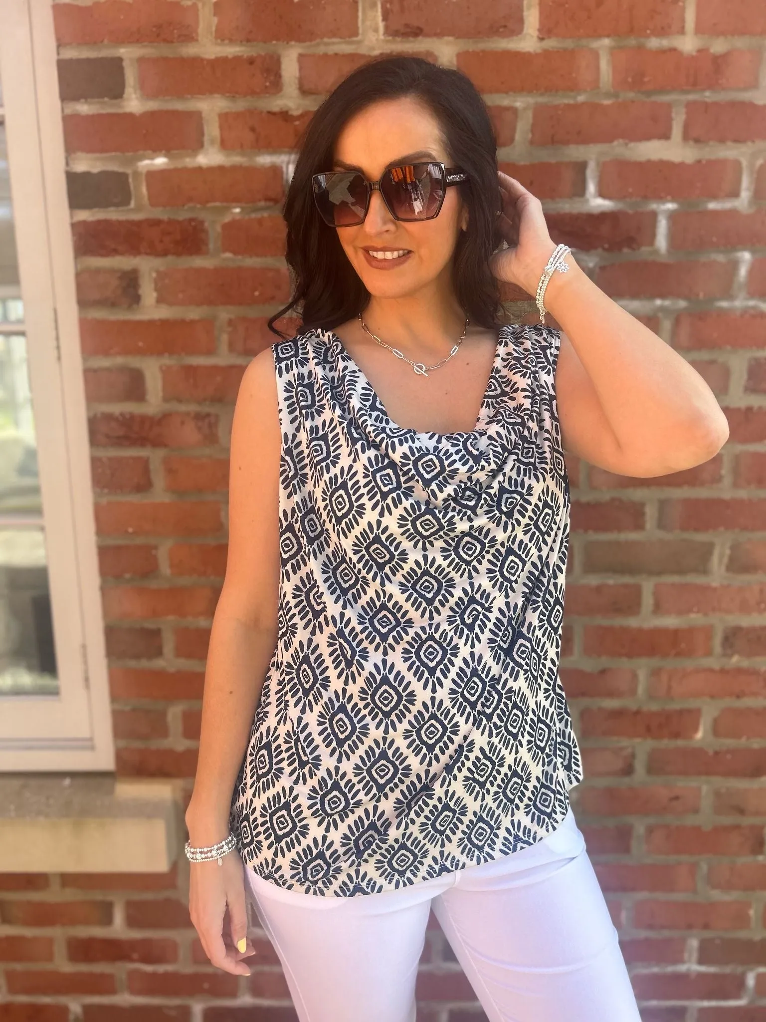 Navy Cowl Neck Printed Top Sonia