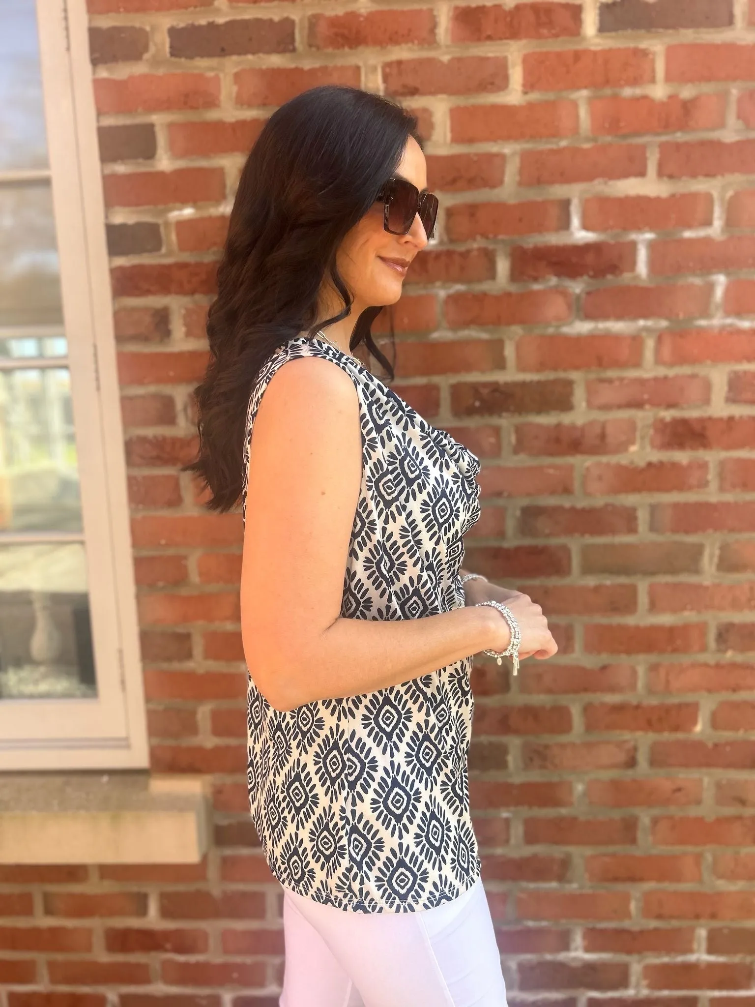 Navy Cowl Neck Printed Top Sonia