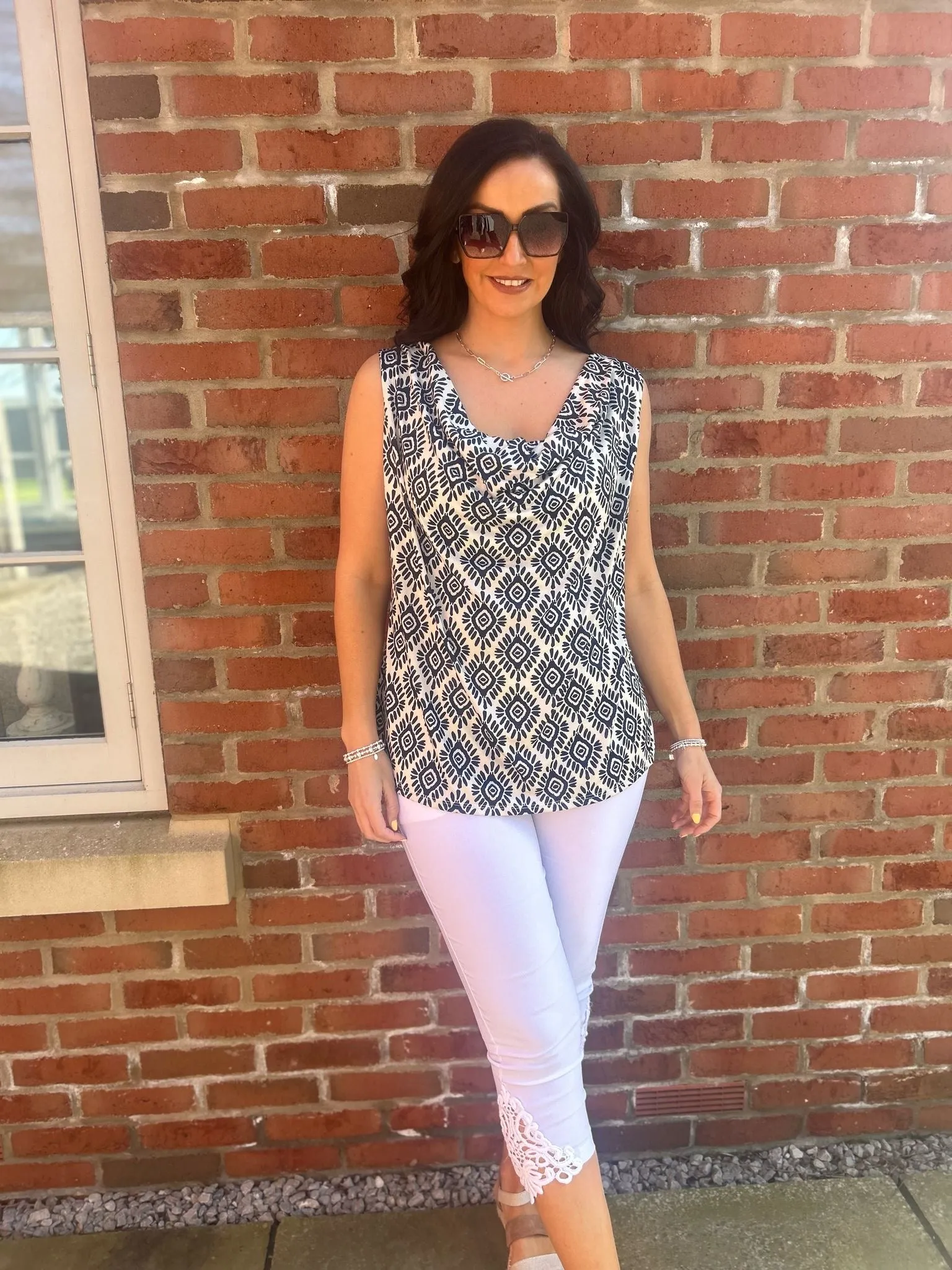 Navy Cowl Neck Printed Top Sonia