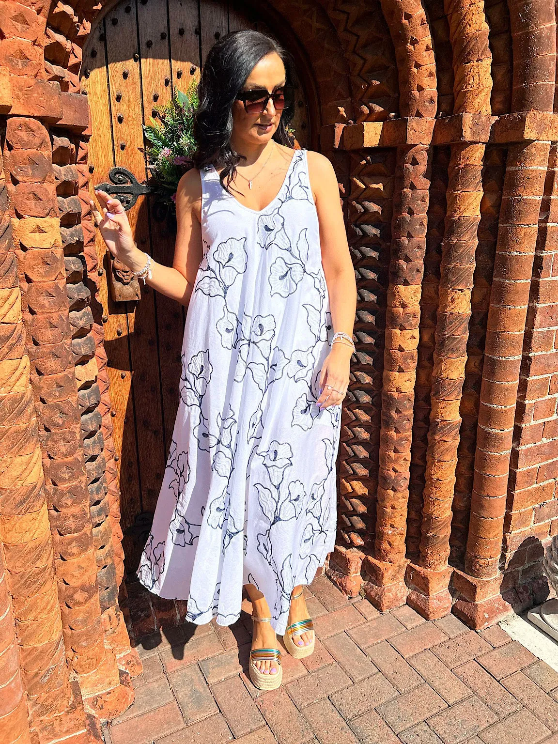 Navy Floral Embroidered Summer Dress Piper