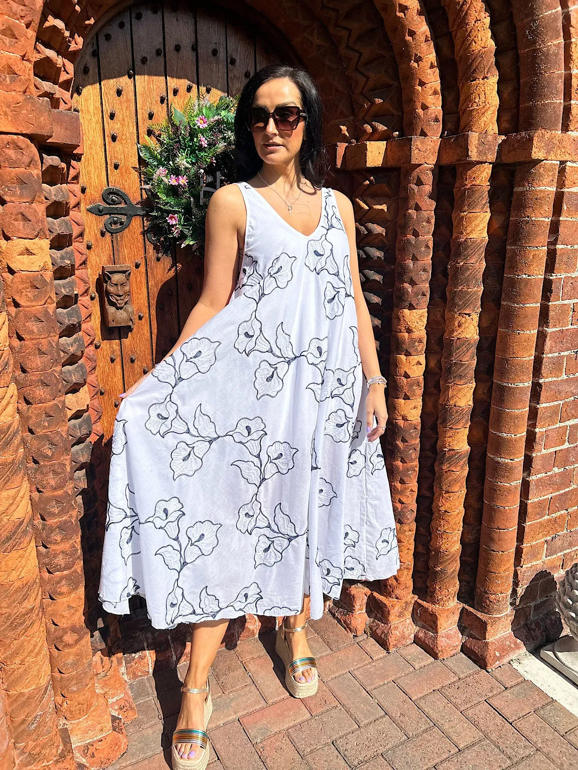 Navy Floral Embroidered Summer Dress Piper