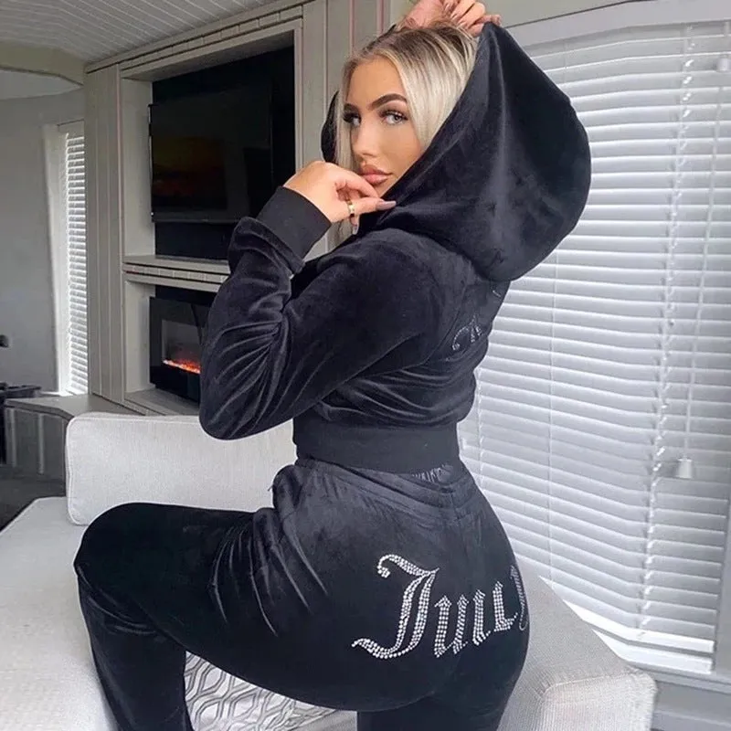 New Products for Autumn and Winter! Fashionable Two-Piece Sports and Leisure Suit with Hot-Fixed Rhinestones Velvet. C-241023-2