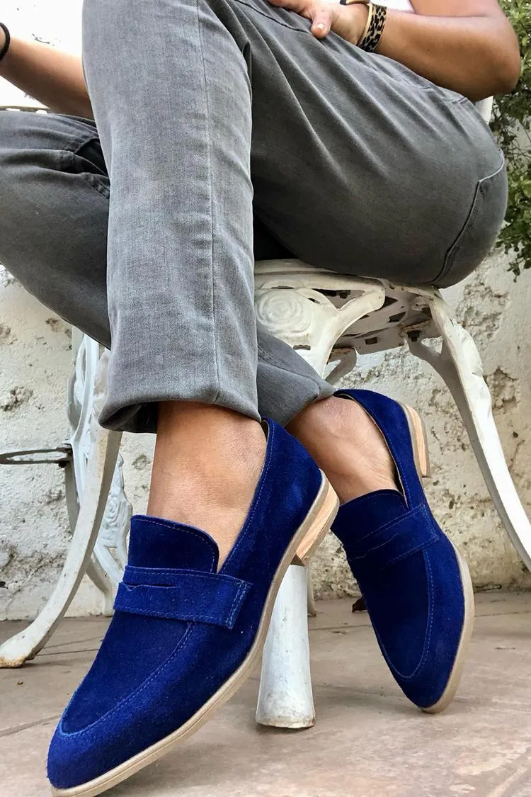 Patchwork Solid Color Pointed Toe Navy Loafers [Pre Order]