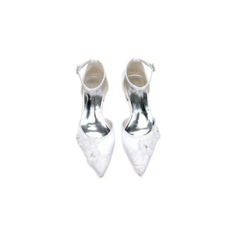 Pointed Toe Ankle Strap Low Heels with Lace