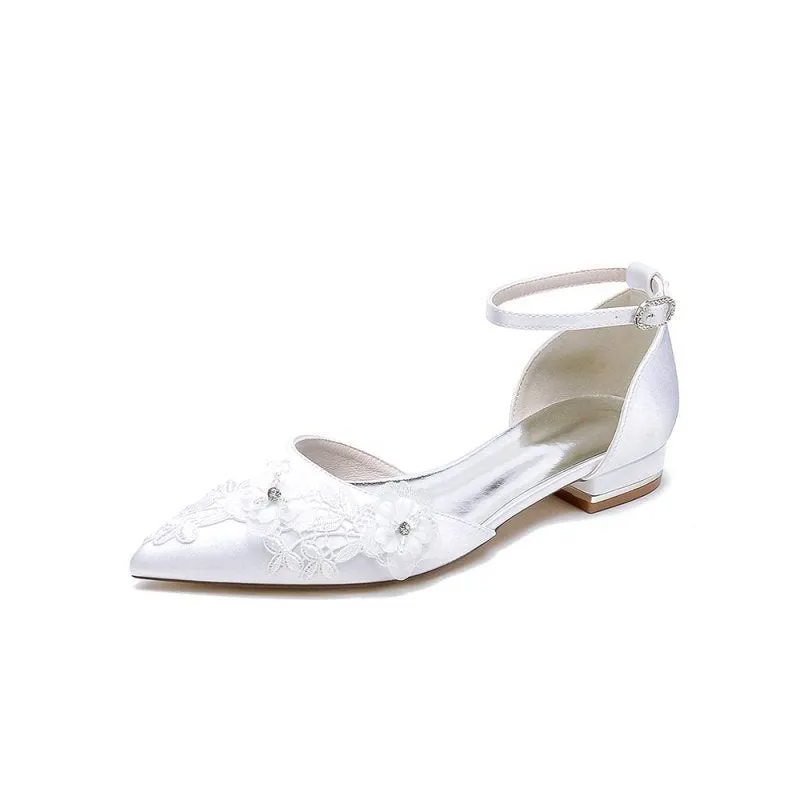 Pointed Toe Ankle Strap Low Heels with Lace