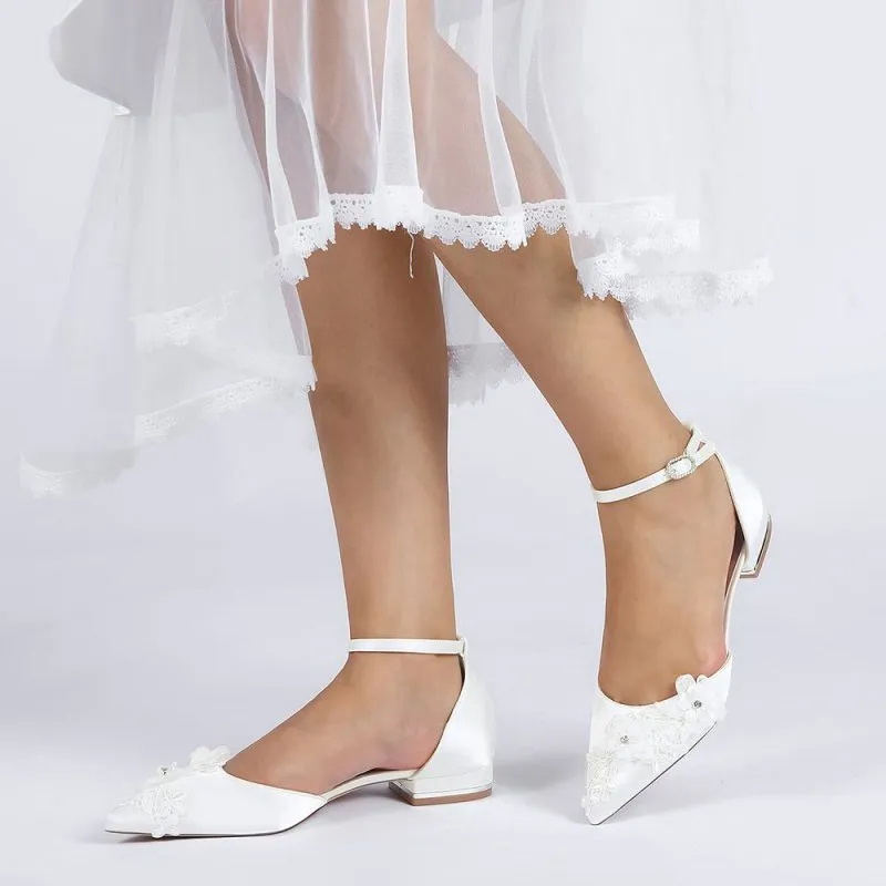 Pointed Toe Ankle Strap Low Heels with Lace