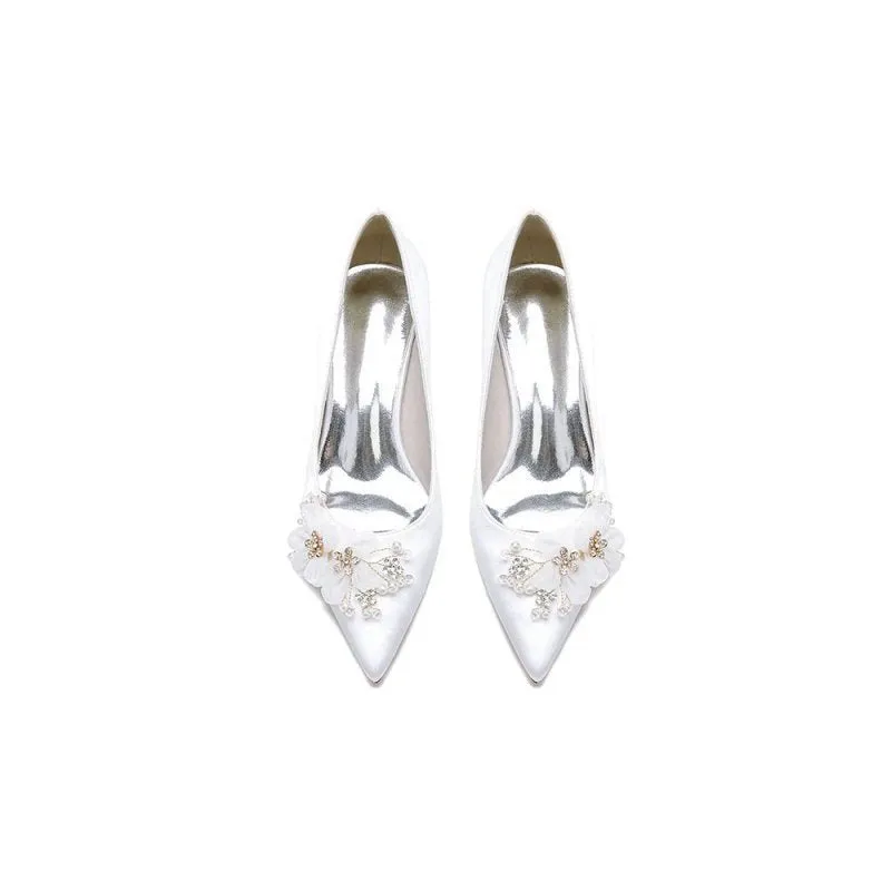 Pointed Toe Rhinestone Chunky Heels with Flower